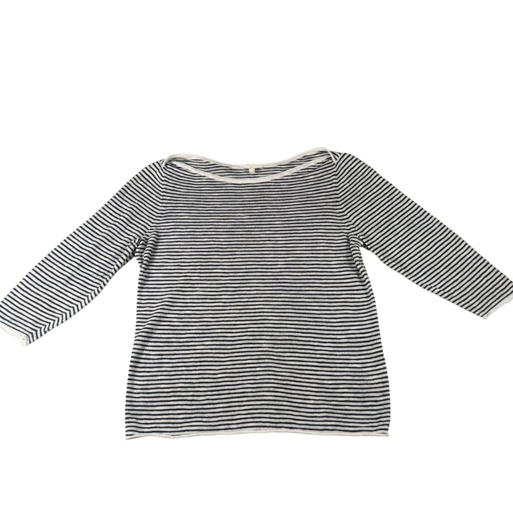 Eileen Fisher Sweater Women PM Black White Linen Cotton Coastal Striped Boatneck